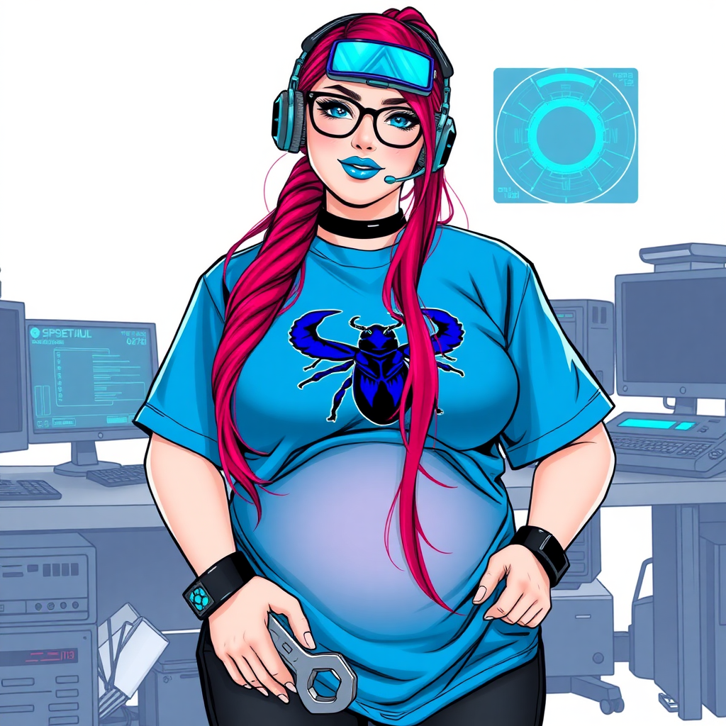 A cyberpunk vigilante’s full-figured intelligent and tech-savvy 29-year-old girlfriend, who is a computer hacker and tech genius. She has a long ruby red ponytail streaked with sky blue. She wears maximum blue lipstick, blue eyes, a sapphire beetle gemstone necklace, sapphire earrings, black eyeglasses, a futuristic holographic wristwatch computer, and an oversized maximum blue t-shirt featuring a neon blue beetle chest emblem. She has a full-figured, well-rounded physique with a prominent round midsection, reflecting her well-cared-for lifestyle. Her round midsection is broadened and bloated to emphasize her figure. She sports a sapphire headset with a high-tech maximum turquoise lensed HUD, and a shy smile with a neon red blush. She is holding a futuristic hi-tech wrench while standing in her workshop in front of her computer desk and work bench. The background is solid white. She is drawn as if she was in a retro 2D cyberpunk fighting game.