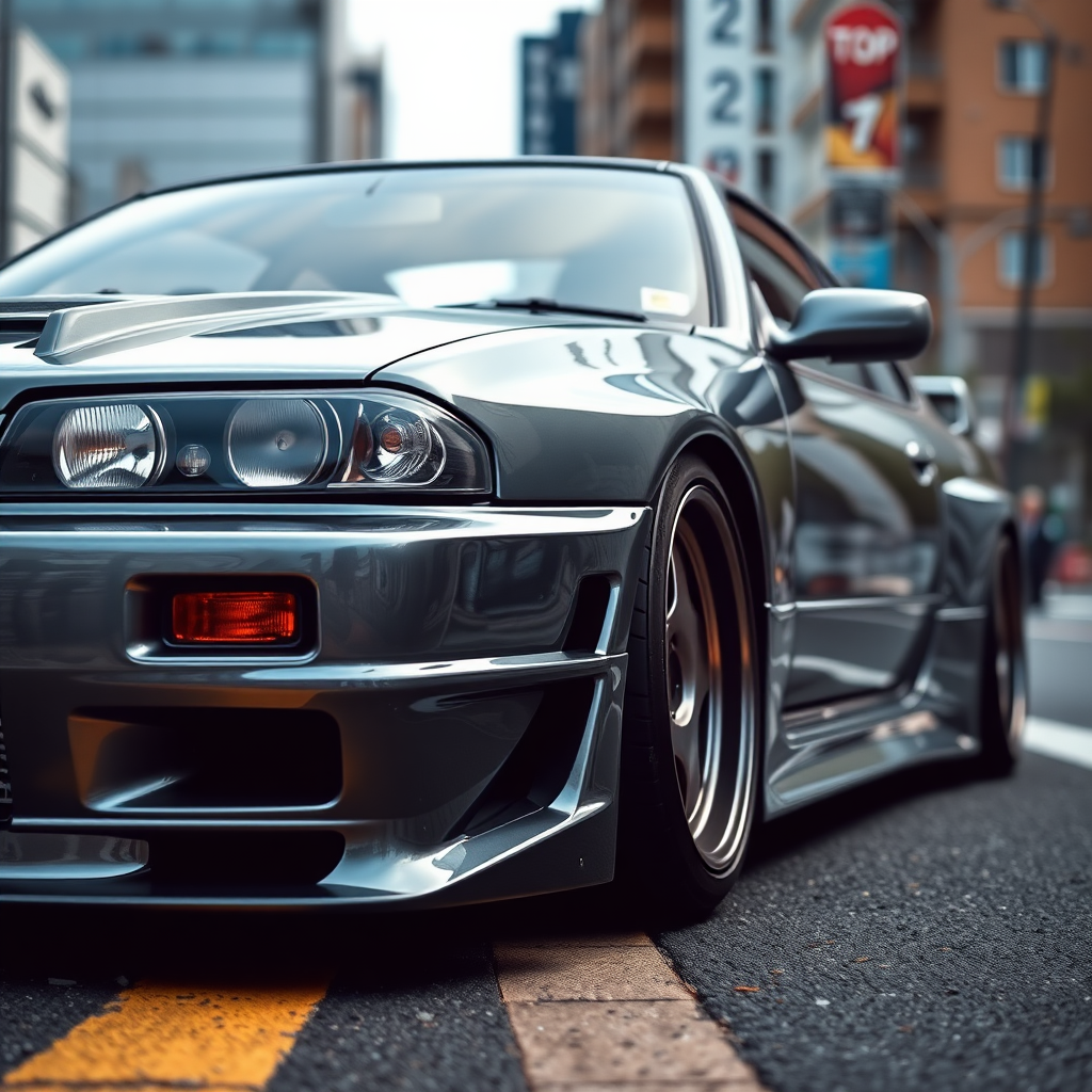 The car is parked on the side of the road, inspired by Taiyō Matsumoto, tumblr, restomod, nd4, c4 metallic shine gray black nissan skyline r34 tokyo arkaplan hatasız tam eksiksiz ayrıntılı genel gerçek detaylar en iyi fotoğraf poz sinematik hafif yağış su damlalar ıslak yol need for speed tarzı body kit