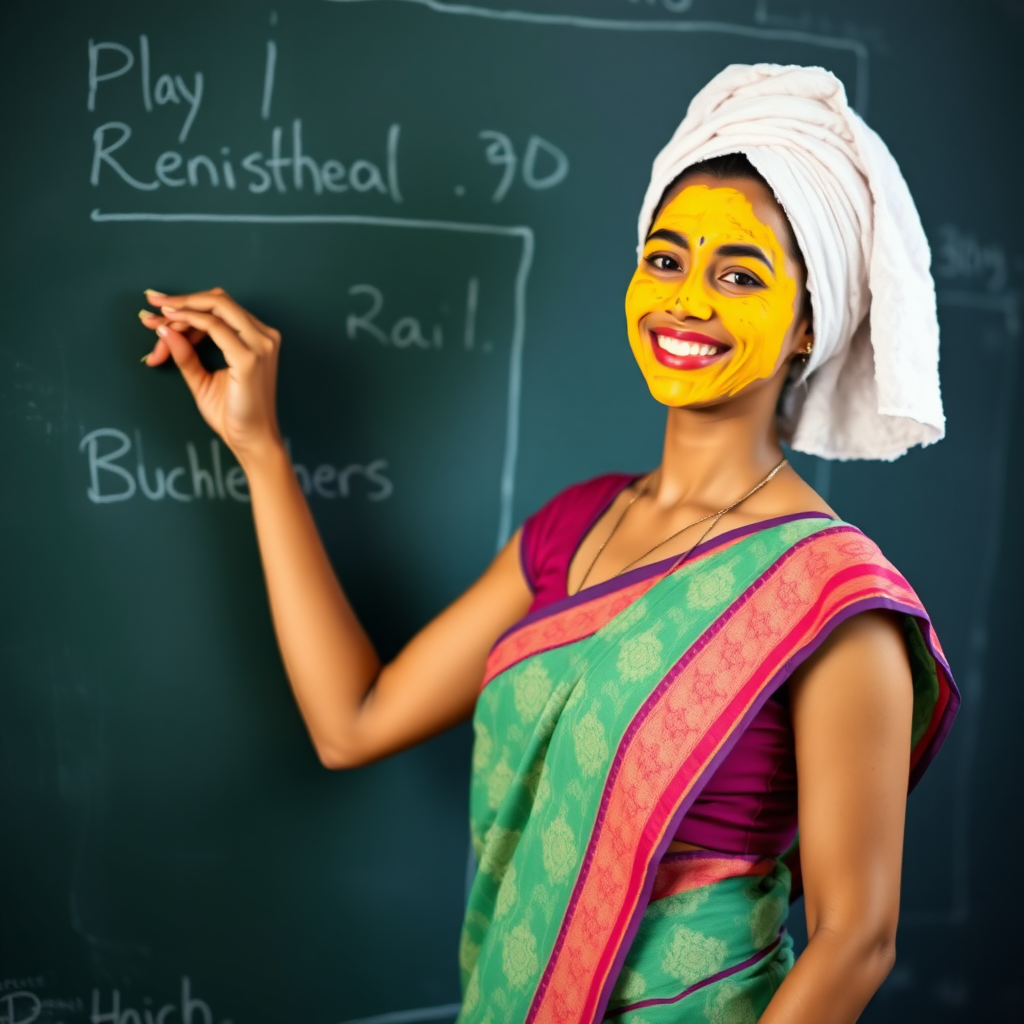 slim, 30 year old, sexy, indian female school teacher, saree, towel head, turmeric face mask. She is smiling and teaching on a blackboard