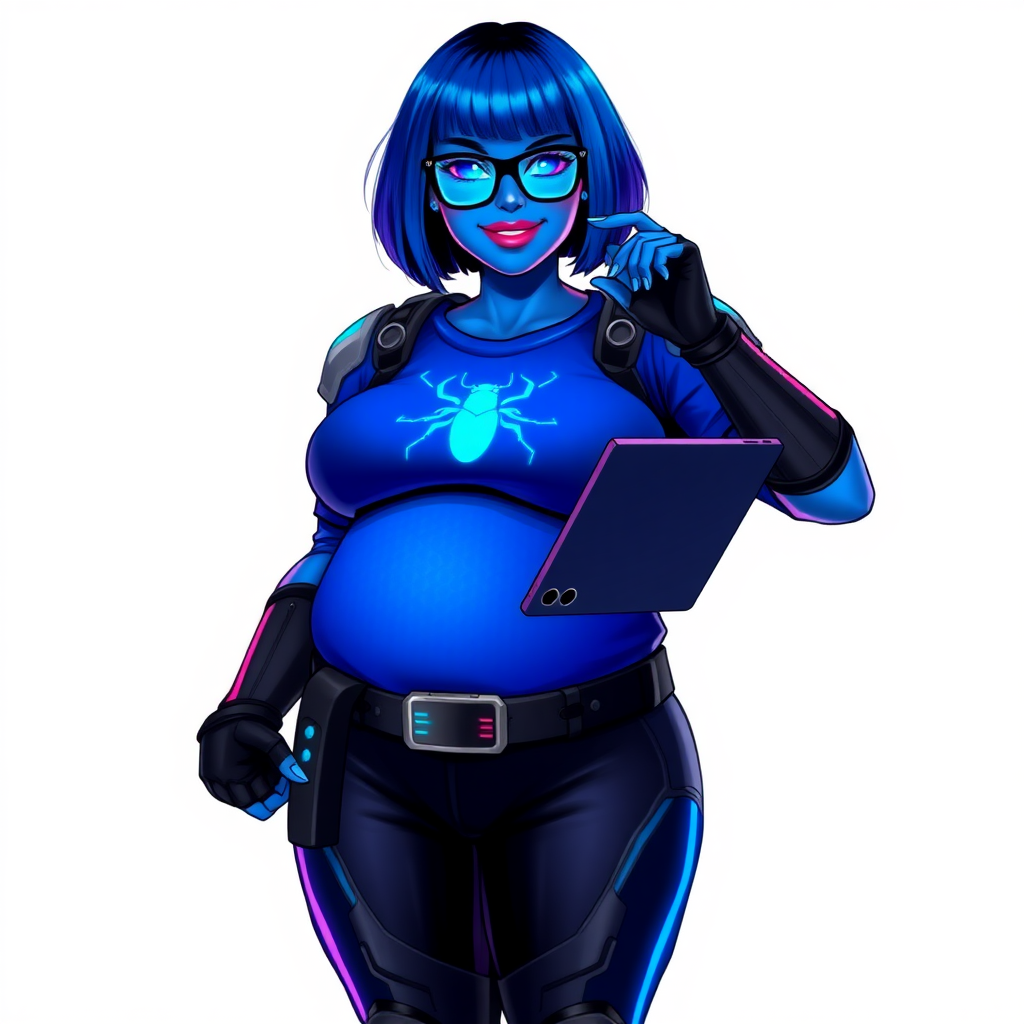 A 28-year-old, full-figured, metallic maximum blue (5PB 5/10) skinned computer program hybrid with a maximum blue bob cut. She has a non-athletic build, highlighted by a prominent, round, large midsection (with emphasis on her round large belly), which shows the effects of her love of junk food acquired from her boyfriend. As the full-figured, nerdy, digital sidekick to her cyberpunk vigilante boyfriend, her metallic maximum blue skin and maximum blue lipstick (5PB 5/12) emphasize her digital nature. Her skin has a subtle, animated glow, with digital patterns occasionally flickering across it, making her digital nature obvious. She wears a digital, computerized superhero costume, consisting of a massive, tight-fitting, maximum blue t-shirt (5PB 5/12) with a neon blue glowing chest icon of a beetle, hi-tech shoulder pads with neon blue accents, a black hi-tech belt with a digital neon blue glowing buckle, digital maximum blue biker pants (5PB 5/12) with neon blue accents, and black hi-tech fingerless biker gloves with neon blue glowing accents. Her neon blue glowing eyes, black eyeglasses with neon blue glowing lenses equipped with a built-in HUD, and bashful smile with neon red blush accentuate her nerdiness.

She stands with a shy, slightly hunched posture, one hand nervously adjusting her glasses while the other clutches a digital tablet close to her chest. Her pose reflects her intellectual curiosity and slight social awkwardness, much like Sci-Twi. Her costume covers all her skin and emphasizes her full-figured physique (especially her round belly). Despite her build, she radiates beauty. She has a slim face compared to her physique, accentuating her radiant beauty. She is on a solid white background. She is drawn as if she were in a retro 2D cyberpunk fighting game.