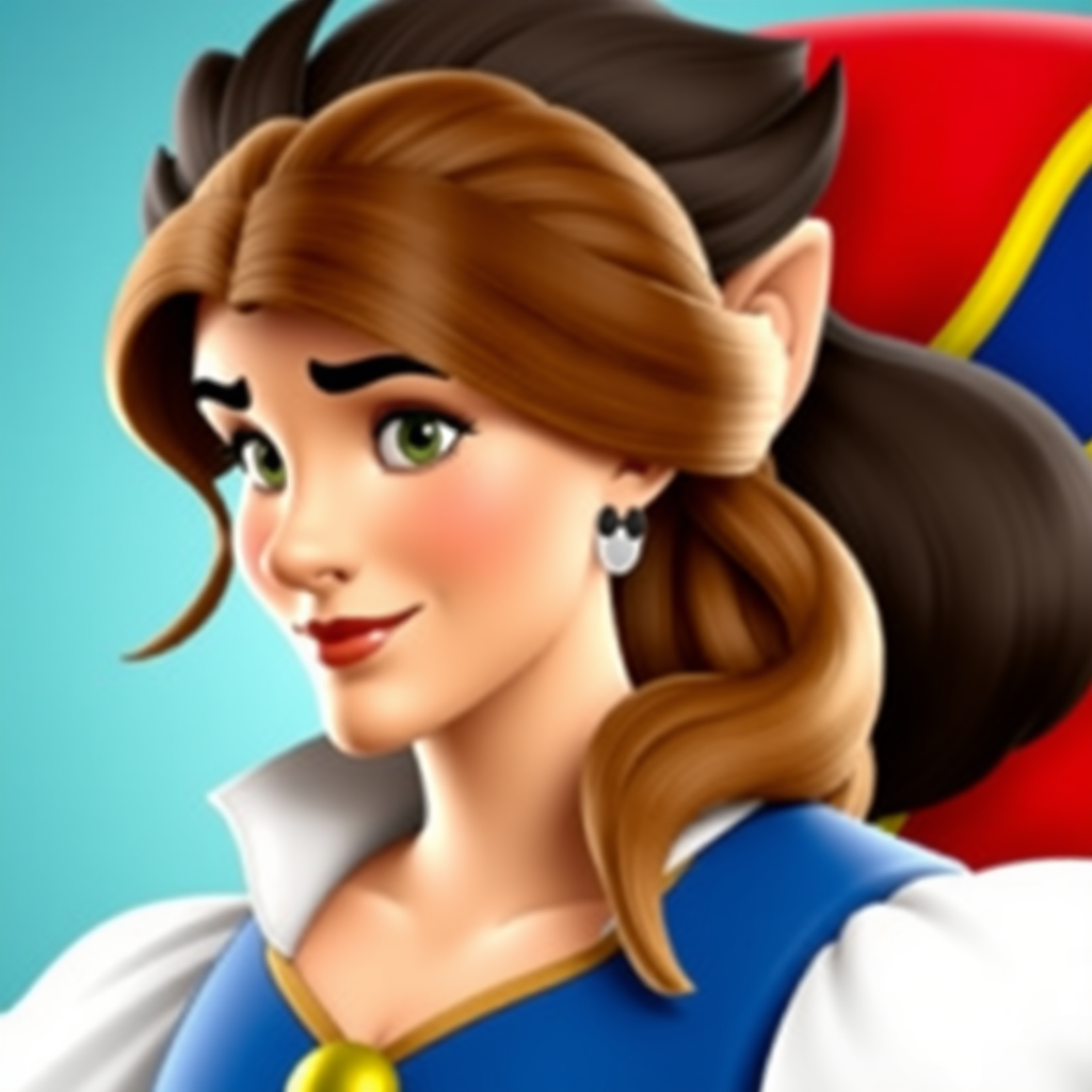 Generate a full-length, rendered image of Belle's head, hairstyle, and facial features atop Gaston's male figure. Blend their styles to create a unique background, inspired by both characters' personalities and settings. Keep Belle's signature look intact.