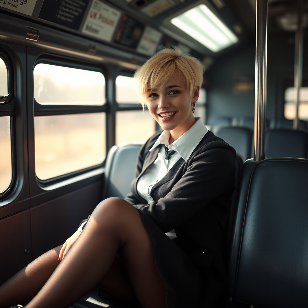 photorealistic, ultra high resolution, 16K, surreal fantasy, soft studio lighting, a pretty 18 year old goth male, slim male physique, short blonde hair, goth makeup, earrings, sheer black pantyhose, UK girls-school uniform, Mary-Jane shoes, sitting in the school bus, excited smile, facing the camera.