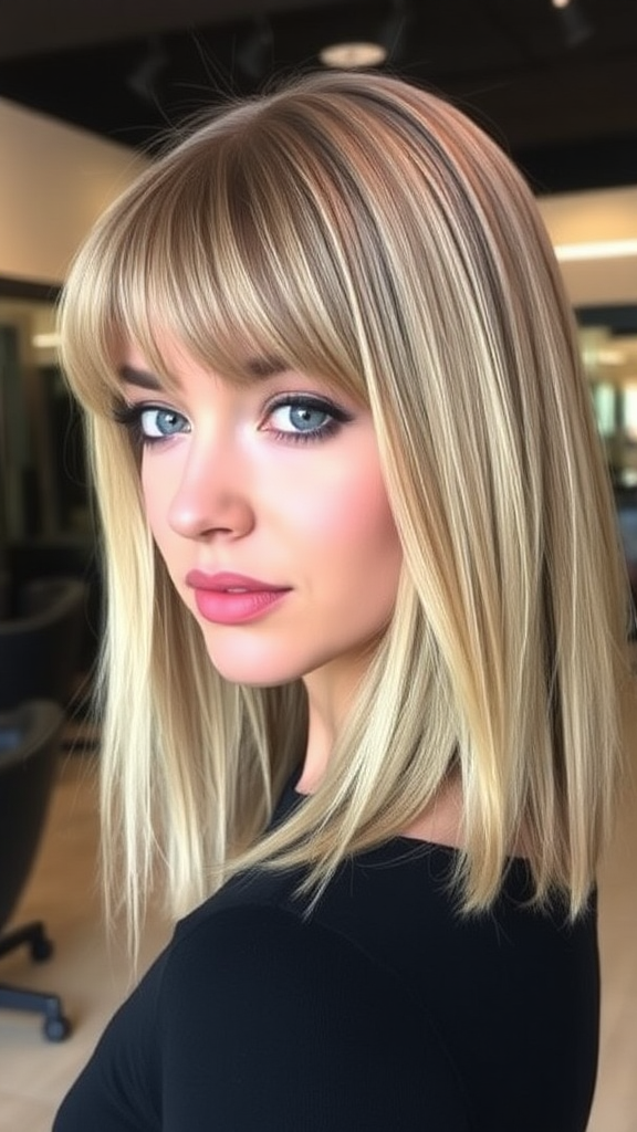 Beautiful model with a smooth lob haircut with straight bangs in ash blonde color, in high definition, in the background, hair salon.