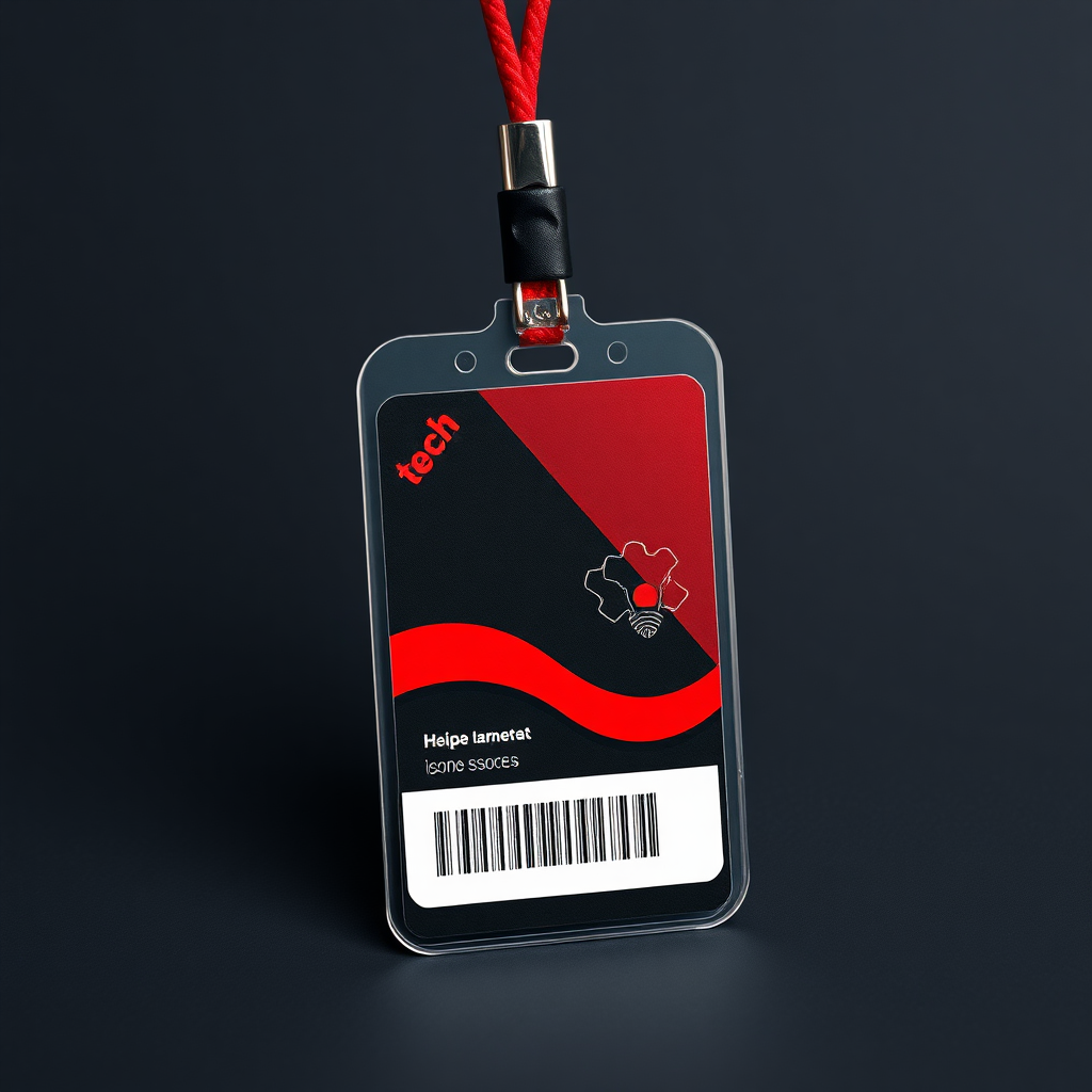 employee id card for tech company, professional themed, red and black dominant color