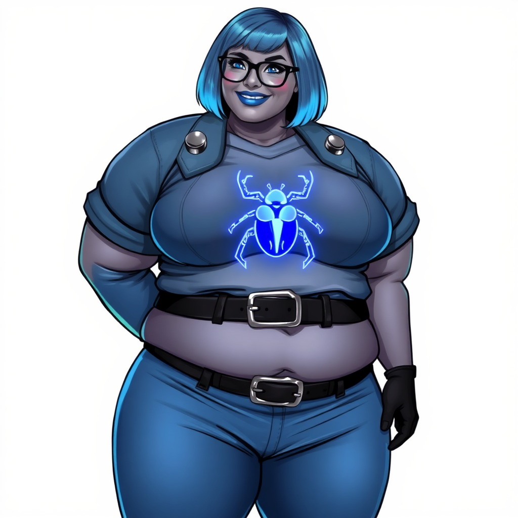 A 28-year-old, full-figured, middle gray metallic-skinned computer program-human hybrid with a maximum blue bob cut. She has a non-athletic build, highlighted by a prominent, round, large midsection. As a digital sidekick, computer hacker, and nerdy girlfriend to her cyberpunk vigilante boyfriend, her middle gray metallic skin and maximum blue lipstick emphasize her digital nature. She wears a costume consisting of a maximum blue leather shirt (that accentuates her figure) with a neon blue beetle chest icon, a black belt with a sapphire scarab buckle, maximum blue pants, and black gloves. Her bright blue eyes, black eyeglasses, and lovestruck smile with neon red blush accentuate her nerdiness. She stands bashfully with her hands behind her back, her costume covering all her skin. Her pudgy and full-figured physique is fully emphasized and clearly not that of an athletic person. She is on a solid white background. She is drawn as if she was in a retro 2D cyberpunk fighting game.