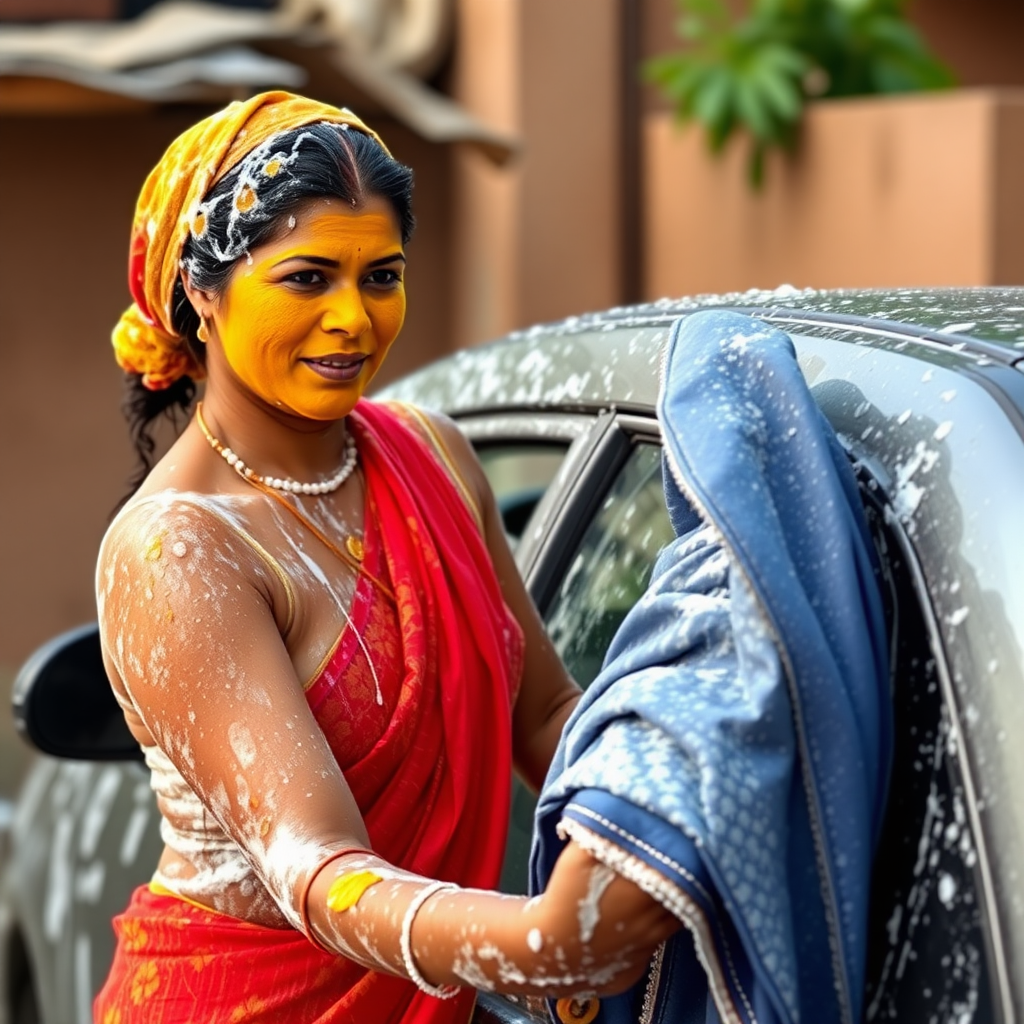 slim, curvy, traditional 30 year old indian maid with hair covering, her face is covered with turmeric mask and body is covered with soap lather. she is washing a car