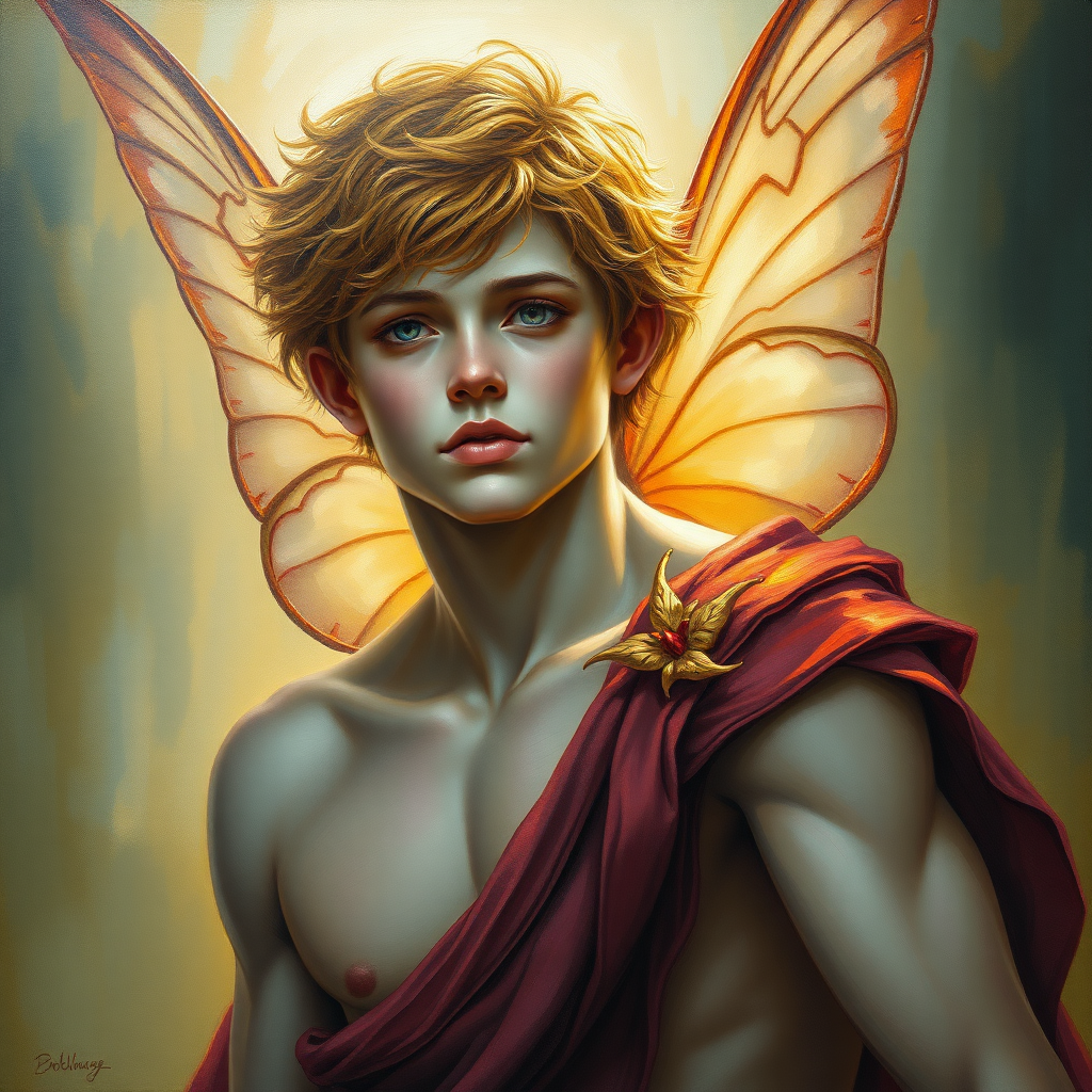 A beautiful painting of a fairy boy, gorgeous face and body. In the style of Brian Froud.