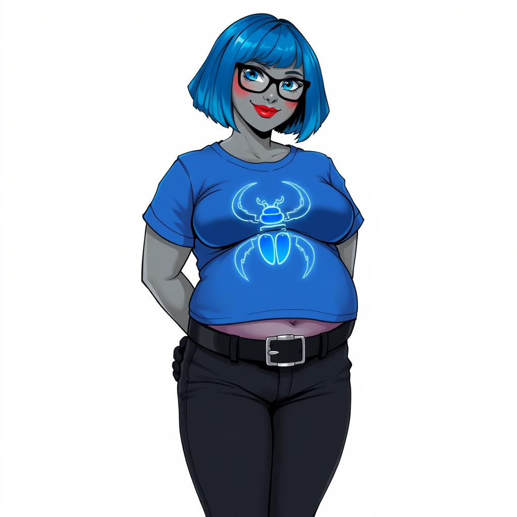 A 28-year-old, full-figured, metallic middle gray skinned computer program hybrid with a maximum blue bob cut. She has a non-athletic build, highlighted by a prominent, round, large midsection (with a full emphasis on her belly). As a digital sidekick, computer hacker, and nerdy girlfriend to her cyberpunk vigilante boyfriend, her middle gray metallic skin and maximum blue lipstick emphasize her digital nature. She wears a costume consisting of a tight-fitting, maximum blue t-shirt (accentuating her large belly) with a neon blue glowing chest icon of a beetle, black pants, a black belt with a sapphire scarab buckle, and black gloves. Her bright blue eyes, black eyeglasses, and lovestruck smile with neon red blush accentuate her nerdiness. She stands bashfully with her hands behind her back, her t-shirt covering all her skin (especially her large belly) and emphasizing her full-figured, non-athletic physique. She is on a solid white background. She is drawn as if she was in a retro 2D cyberpunk fighting game. She is clearly non-athletic, with emphasis on her full-figured physique. Ensure her t-shirt covers her midsection (especially her large belly).