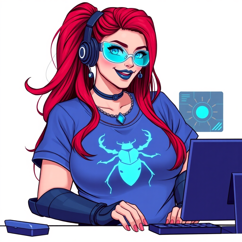 A cyberpunk vigilante’s full-figured intelligent and tech-savvy 29-year-old girlfriend, who is a computer hacker and tech genius. She has a long ruby red ponytail and bright blue eyes. She wears maximum blue lipstick, a sapphire beetle gemstone necklace, sapphire earrings, hi-tech metal arm armor, and an oversized maximum blue t-shirt featuring a neon blue glowing icon of a beetle on its chest. She has a full-figured physique with a huge, round midsection, reflecting her well-cared-for lifestyle. She sports a sapphire headset with hi-tech maximum turquoise lensed HUD eyeglasses, and a beaming smile with a passionate bright red blush. Despite her figure and a lack of self-esteem, she radiates beauty. She has a slim face which contributes to her radiant beauty. She serves as his tech expert from his hideout, diligently working at her lab table and computer desk. The background is solid white. She is drawn as if she was in a retro 2D cyberpunk fighting game.