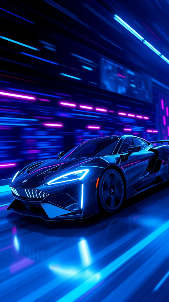 Make a realistic 3D rendering of an electric car racing in cyberspace. Make the background cyber-like and the "electric sparks" look luxurious. Make the overall color dark blue and draw it with a neon sign feel.