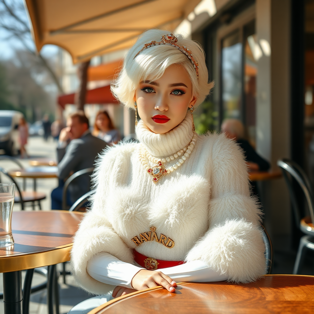 Sunny spring morning chichi-society, exclusive street café, sitting at café table looking at camera: Melissa: European 17 years old very convincing femboy “trophy-bimbo”, tamed servile docile, very beautiful feminine flawless face, rather short boyish figure, platinum blond short tight curls, bold red lips, heavily made-up face, wearing Supertanya-style fluffy very fuzzy bright white angora turtleneck-poncho cropped ending under bust decorated with pearls and gemstones, striking oriental ancient chastity belt, white vinyl thigh-high boots with golden heels, full Oriental bridal jewelry with striking headpiece, full Oriental face-jewelry, striking diamond “HAVARD” letter brooch on left chest, pout frustrated.