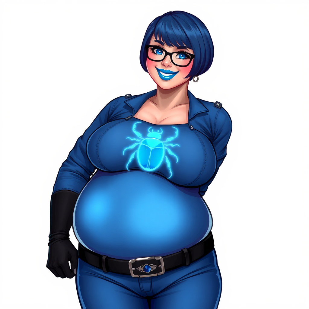 A 28-year-old, full-figured, middle gray metallic-skinned computer program-human hybrid with a maximum blue bob cut. She has a non-athletic build, highlighted by a prominent, round, large midsection. As a digital sidekick, computer hacker, and nerdy girlfriend to her cyberpunk vigilante boyfriend, her middle gray metallic skin and maximum blue lipstick emphasize her digital nature. She wears a costume consisting of a maximum blue leather shirt (that accentuates her figure) with a neon blue beetle chest icon, a black belt with a sapphire scarab buckle, maximum blue pants, and black gloves. Her bright blue eyes, black eyeglasses, and lovestruck smile with neon red blush accentuate her nerdiness. She stands bashfully with her hands behind her back, her costume covering all her skin. Her pudgy and full-figured physique is fully emphasized and clearly not that of an athletic person. She is on a solid white background. She is drawn as if she was in a retro 2D cyberpunk fighting game.