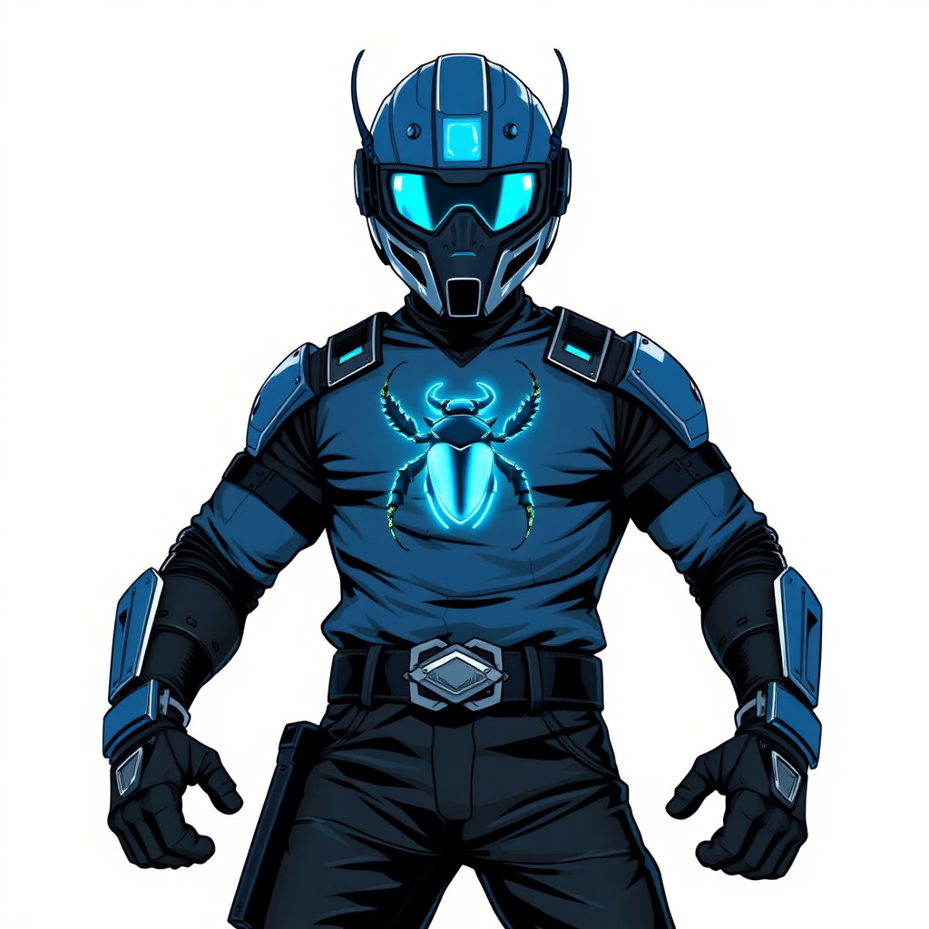 A 28-year-old cyberpunk vigilante stands heroically, clad in a high-tech armored, maximum blue biker shirt featuring a neon blue glowing beetle on the chest. They wear black biker pants, a black belt with a sapphire beetle buckle, and a maximum blue full helmet with maximum turquoise lenses. Their hands are protected by black metal gloves, all set against a solid white background. He is drawn as if he was in a retro 2D cyberpunk fighting game.