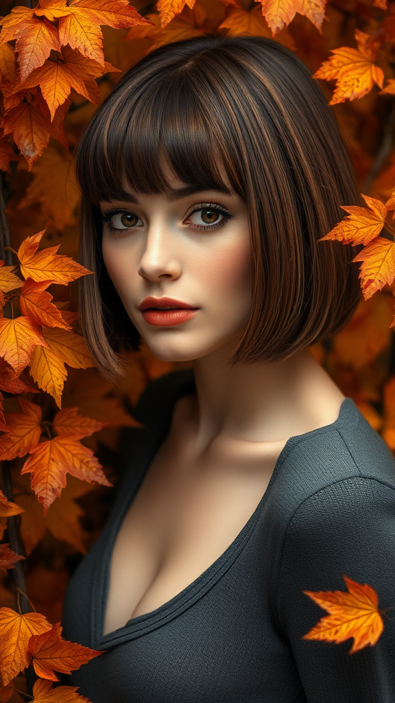 Beautiful model Anne Hathaway with a square bob haircut, surrounded by autumn foliage, in high definition.