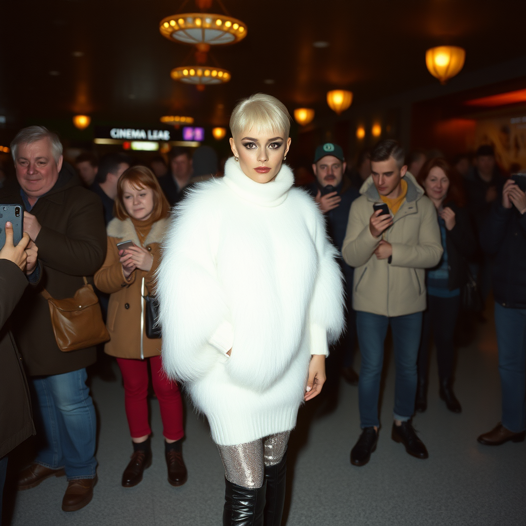 1990 winter evening, crowded cinema lobby: Sam, 19 years old beautiful involuntary femboy, rebellious intractable character, petite boyish figure, platinum blond boyish rebel punk hairstyle, flawless heavily made-up face with sharp arched tattooed eyebrows, wearing Supertanya-style fluffy very fuzzy bright white angora thigh-length turtleneck-poncho fully covering body and arms, silver-glitter leggings, black leather high-heeled pumps, silver earrings, puzzled alarmed, pout serious, impatiently waiting for her master. Other visitors watching laughing taking pictures. Full view of scene.