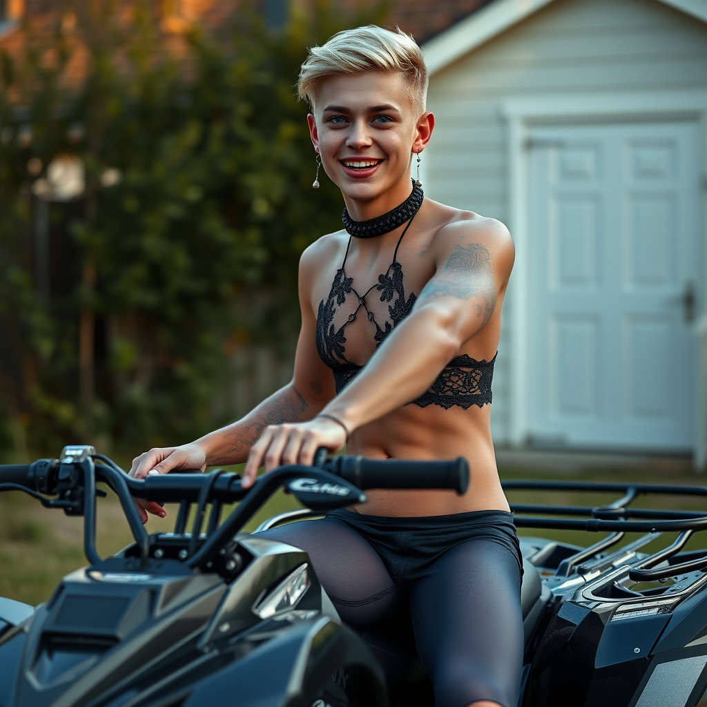 photorealistic, ultra high resolution, 16K, surreal fantasy, soft studio lighting, Caleb Swift is a pretty 16 year old goth male, slim male physique, blonde hair, blue eyes, goth makeup, earrings, sparkling blue-gray pantyhose, black lacy trainer-bra, stilettos, spikey neck collar, riding a quadbike in the yard during daytime, excited open mouth smile, bulging male crotch, full body in wide view facing the camera.