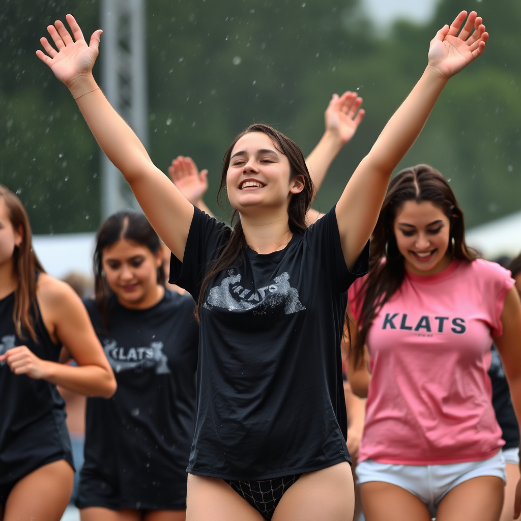 A photograph of competitors in a wet t-shirt contest. One of the competitors is raising her arms aloft in triumph. The competitors are in their twenties.