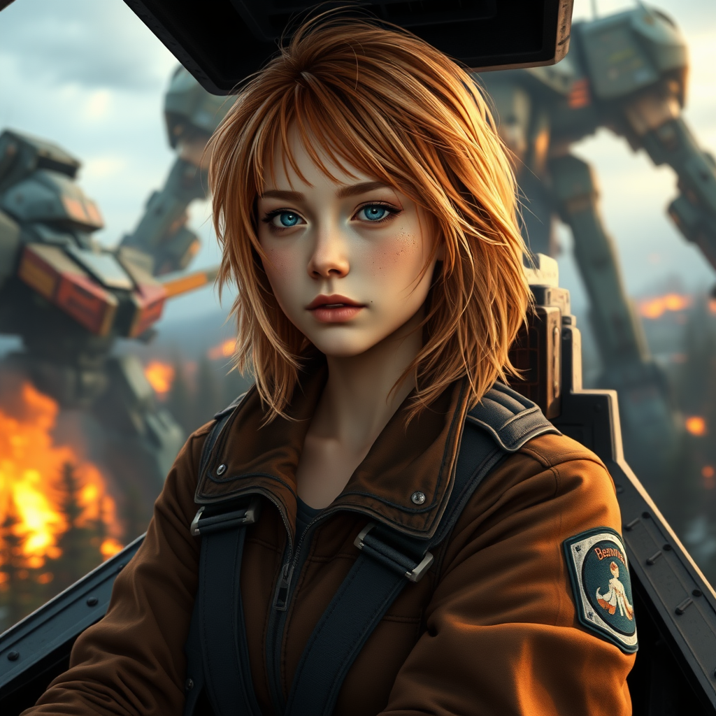 A girl with a face like Ana de Armas, pale, no makeup, messy shoulder-length strawberry blonde hair, athletic, wearing a flight suit, "Benaenae" badge on the pocket. She is in a mech cockpit, and there is an intense battle between giant robots towering above the trees of a forest on fire. Hyperrealistic, dawn, film grain.