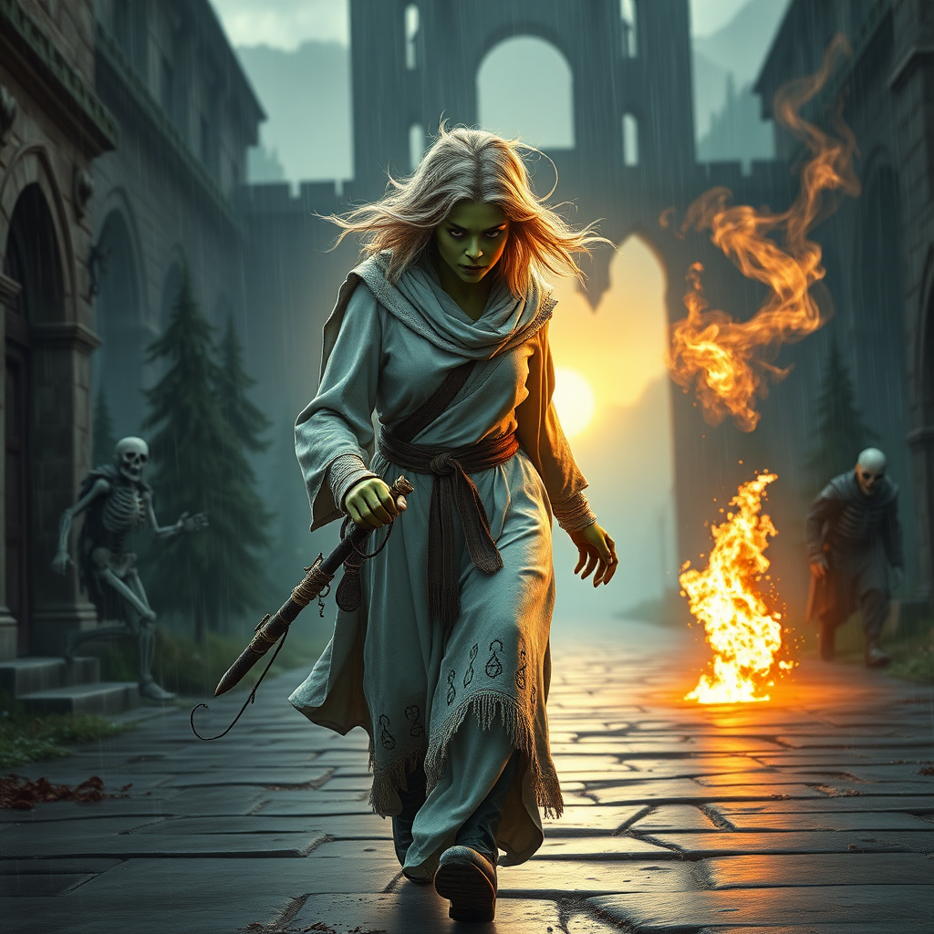 A full body shot of a pretty twenty-something female orc wizard with a face resembling Ana de Armas, walking towards the camera unsteadily. Green skin. Strawberry blonde messy shoulder length hair tussled by wind. White robes covered in runes, magic aura swirling around her visibly, magic staff with a gem. It is dawn. She is bleeding, and covered in soot and dirt. Inside a castle courtyard. Forest and mountains, rain. Casting a fireball at a skeleton running toward her. Hyper-realistic, photorealistic digital matte painting, soft focus, film grain, lens flare. Gritty, dirty, scuffed.