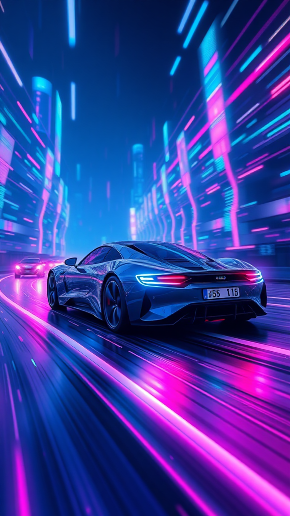 Please render the electric car racing in cyberspace in a realistic 3D manner. Make the background cyber-like and express it with a sense of speed with the "electric sparks". Make the overall color dark blue and draw it with a neon sign feel.