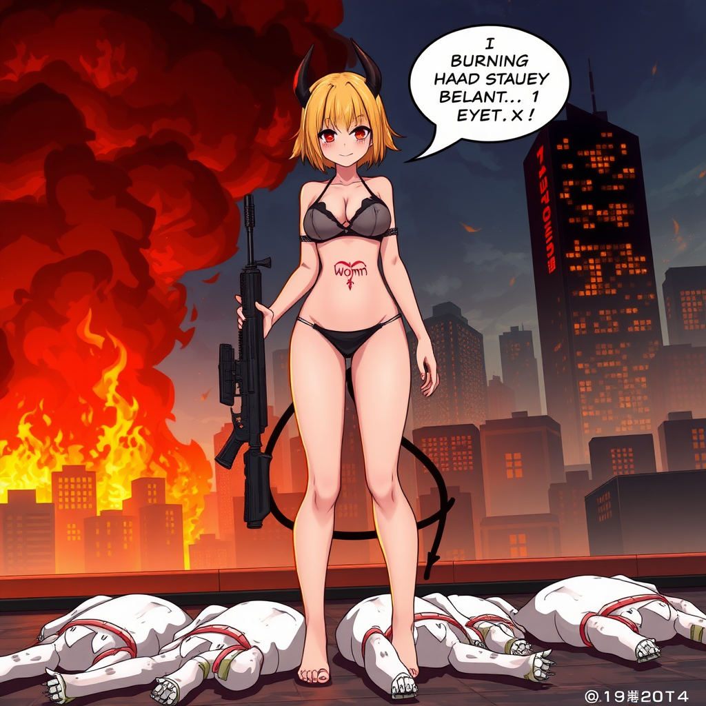 Anime, city on fire background, A mischievous tall-slender demon girl, short blond hair, wearing sexy-micro bikini-bra-like clothing, g-string, Womb tattoo on belly, mischievous smile, large breasts, full body, long legs, looking at viewer, speech bubble with a burning city, holding rifle, down below is 4 white males on the floor dead.