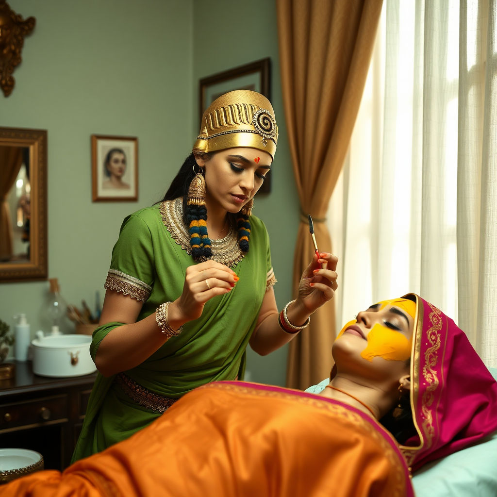 Cleopatra, working in a beauty parlour, giving a turmeric facial to a rich, traditional Indian wife.