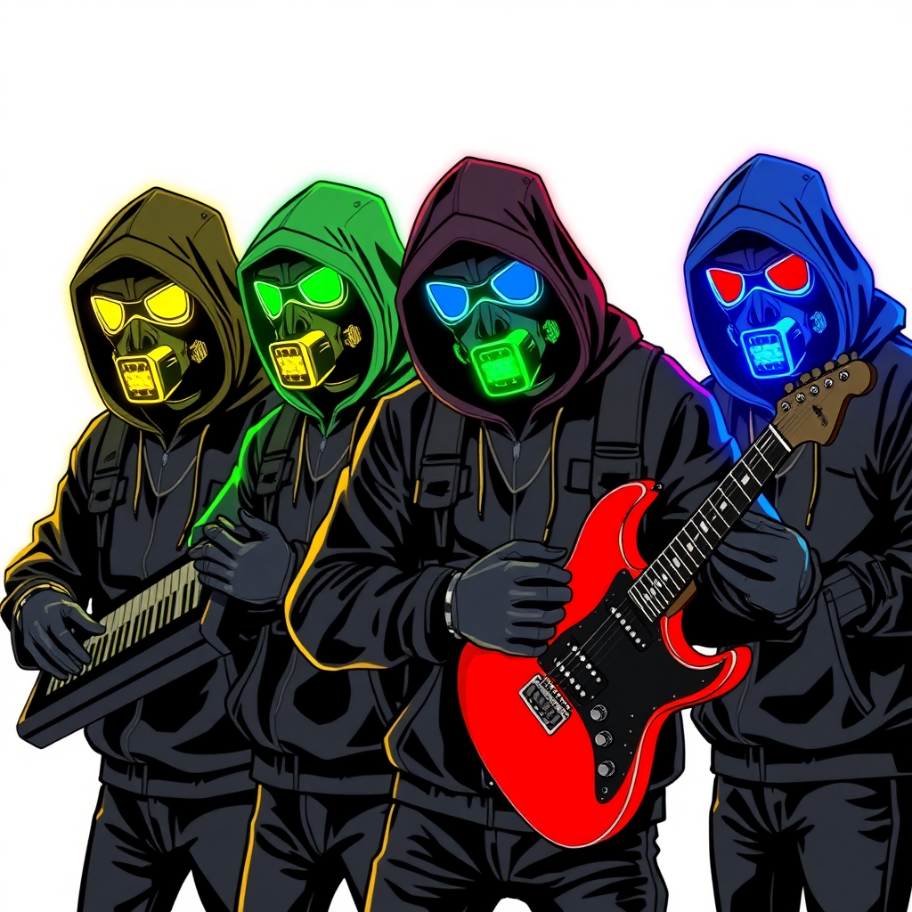 a rock band-themed group of anarchist vigilantes. They wear black tactical hoodies and color-coded gas masks that glow neon in their respective Munsell colors. Each member’s gas mask matches their designated Munsell color. There are only four members:

Maximum Yellow: Hypnotic Keyboardist with a neon yellow glowing gas mask (Munsell Yellow)  
Maximum Green: Seismic Drummist with a neon green glowing gas mask (Munsell Green)  
Maximum Blue: Electrokinetic Guitarist with a neon blue glowing gas mask (Munsell Blue)  
Maximum Red: Sonic Lead Vocalist with a neon red glowing gas mask (Munsell Red)  

The scene should capture their rebellious and intense energy, with each member in a dynamic pose, ready to unleash their musical and anarchistic powers. They are on a solid white background. They are drawn as if they are in a retro 2D cyberpunk fighting game.