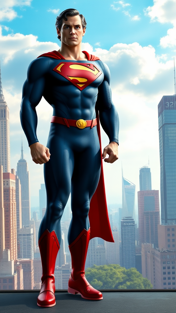 Create a full-length render of Superman, incorporating the musculature of Elastigirl for the body shape. Retain Superman's head, hairstyle, and facial features. Update the original costume by adding embellishments and adjusting it to fit the new proportions. Design a background that draws inspiration from both characters, blending elements of Superman's iconic cityscapes and Elastigirl's vibrant, dynamic surroundings. Ensure the overall image reflects a harmonious combination of their styles while maintaining distinct characteristics of each hero.