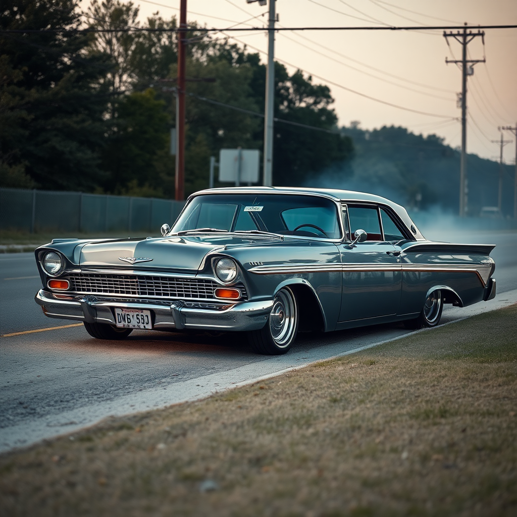 the drag car is parked on the side of the road, inspired by Taiyō Matsumoto, tumblr, restomod, nd4, c4 metallic shine classic american low rider ford