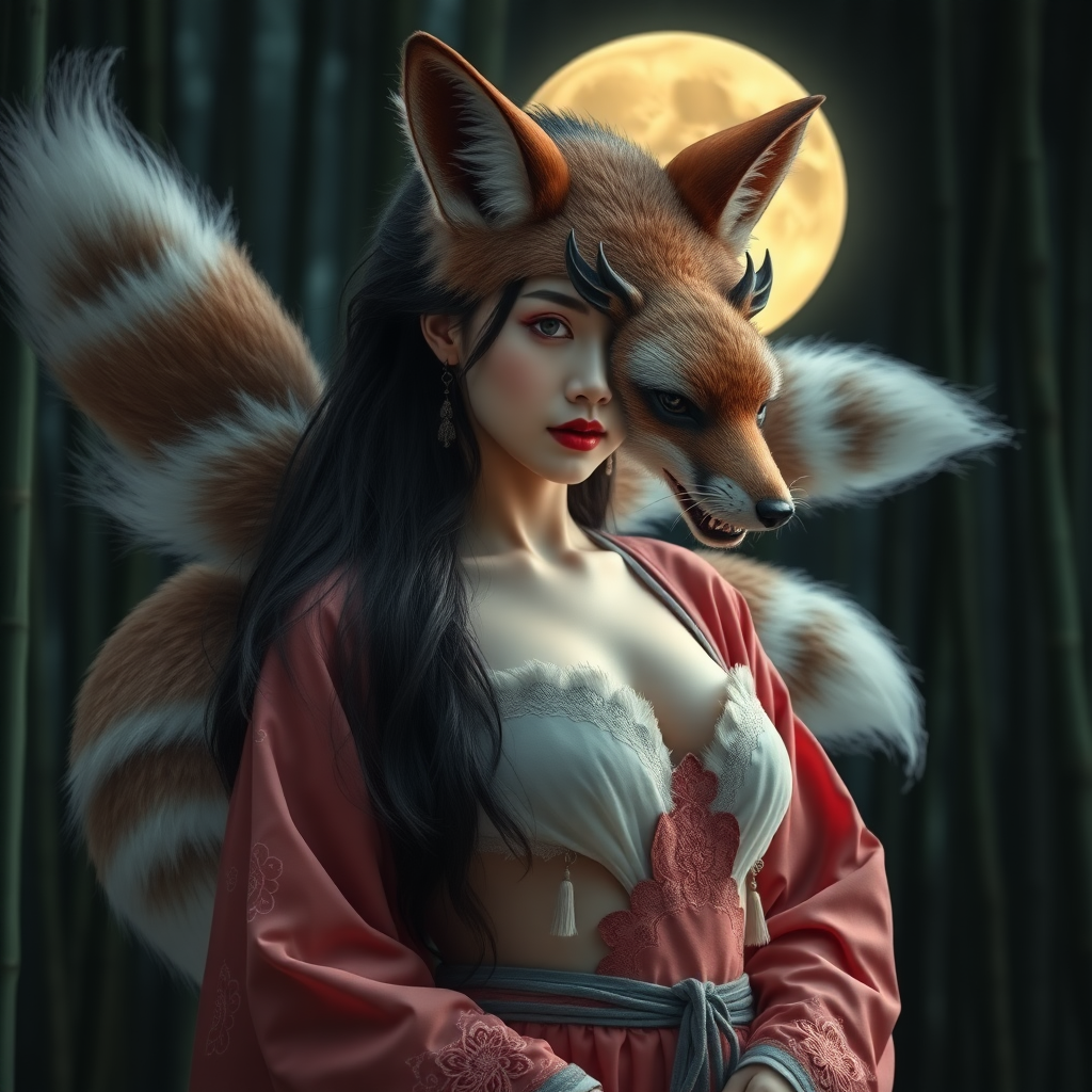 A Korean eerie-looking woman in an ancient Hanbok with nude breasts transforms into a nine-tailed fox in front of the full moon in a bamboo forest.