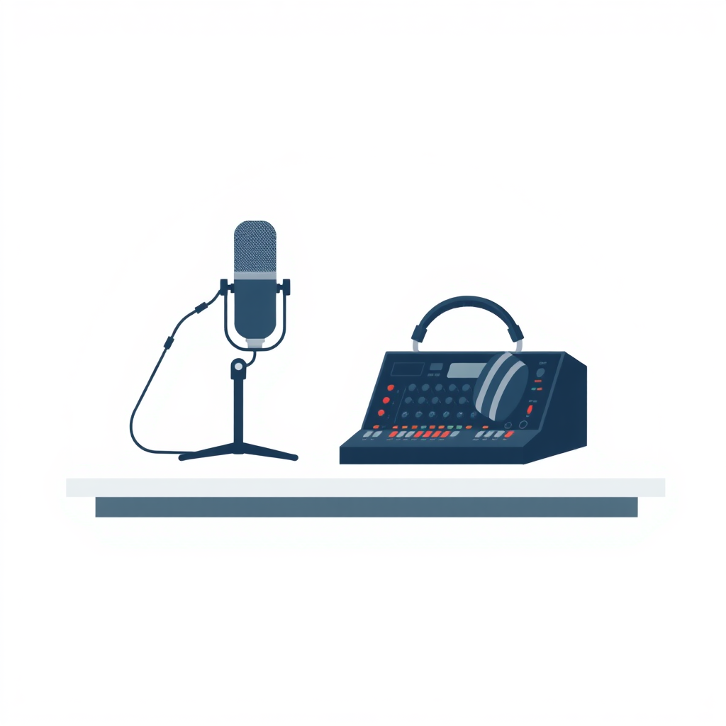 A minimalist, flat design illustration of a podcast setup. The image should include a microphone on a stand, headphones, and a sound mixer on a simple desk or tabletop. The background should be a plain, neutral color like white, gray, or light blue. The overall style should be clean, modern, and visually appealing as a generic stock image for podcasting.