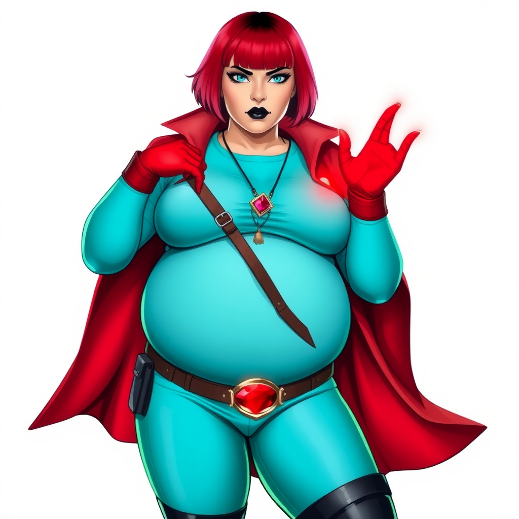 A 26-year-old, full-figured, magical girl vigilante detective becomes the heavily pampered mystical ally of her cyberpunk vigilante older brother figure. She has a bright red bob cut, black lipstick, and piercing bright blue eyes. She has a new non-athletic build, now highlighted by a prominent, round, gargantuan midsection (fully focused on her gargantuan belly), which shows the aftermath of her new pampered lifestyle. Despite her pampered physique, she shows full confidence. She wears a magical girl detective costume consisting of a gargantuan, magical, tight-fitting, maximum turquoise t-shirt (accentuating and emphasizing her gargantuan belly), maximum turquoise biker pants, complemented by a glowing neon red cape, a mystical ruby amulet (which is the source of her mystical powers), and magical red gloves glowing neon red. Her magical girl detective costume covers all her skin and accentuates her full-figured physique (especially her gargantuan belly). Her stance is firm and resolute, arms crossed, exuding a no-nonsense attitude. Her costume reflects the influence of DC New 52 Prime Earth’s Phantom Lady, Jennifer Knight, while her pose embodies the moral ambiguity and determination reminiscent of DC’s Pax Americana’s The Question. She is on a solid white background. She is drawn as if she was in a retro 2D cyberpunk fighting game. She is clearly non-athletic, with a focus on her full-figured physique (especially her gargantuan belly). Make sure that her costume covers all of her bare skin (especially her gargantuan belly).