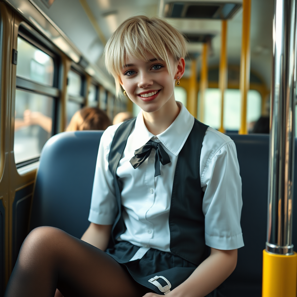 photorealistic, ultra high resolution, 16K, surreal fantasy, soft studio lighting, a pretty 18 year old goth male, slim male physique, short blonde hair, goth makeup, earrings, sheer black pantyhose, UK girls-school uniform, Mary-Jane shoes, sitting in the school bus, excited smile, facing the camera.