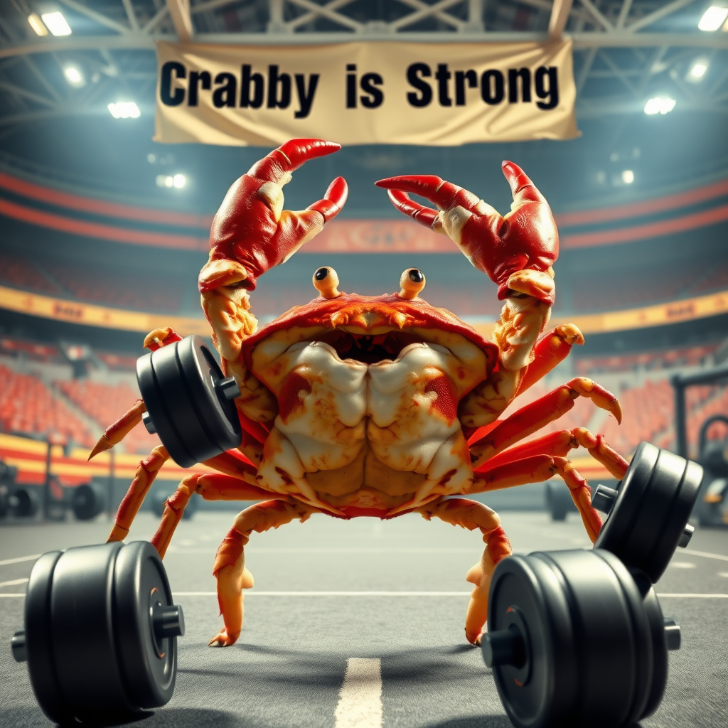 A photo realistic crab lifting weights with his claws in a sport arena with a banner overhead that says "Crabby is Strong"