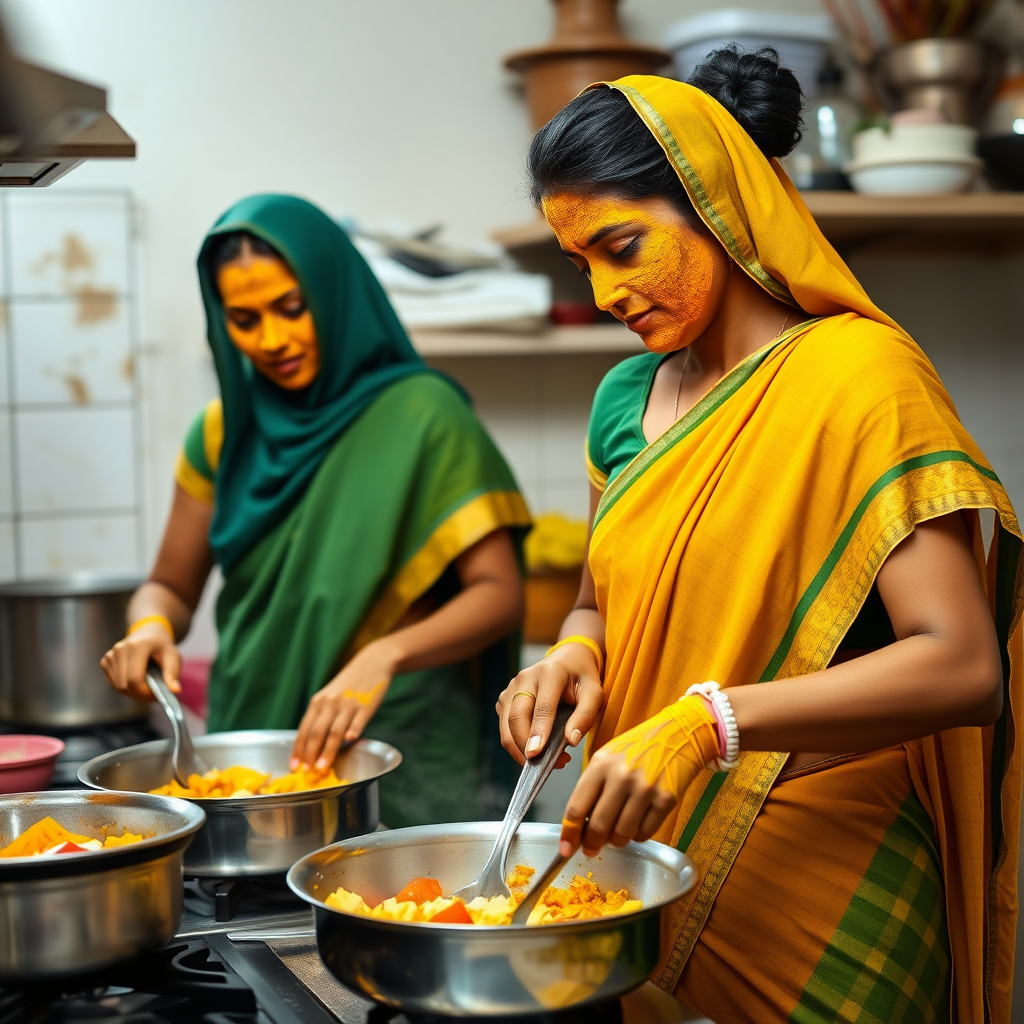 2 slim, 30-year-old Indian maids. They are cooking food in the kitchen. Their faces are covered with turmeric face masks.