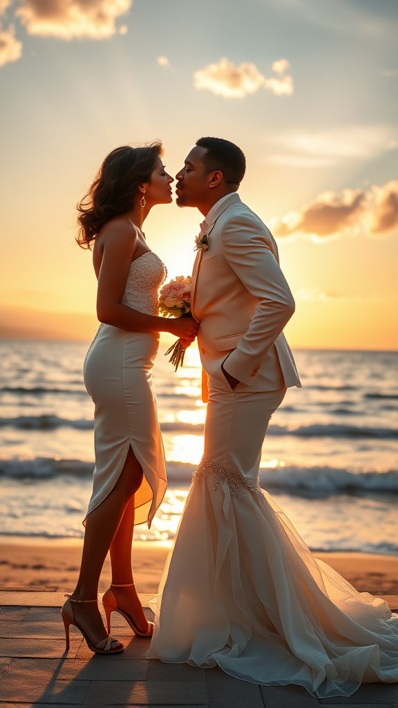 In the background, Sofia Loren and Denzel Washington elegantly dressed, she heels and he patent leather shoes, he passionately kisses the bride, in the background the sea with a beautiful beach, sunset sky with the sun's rays with clouds. 16K ultra-high definition.