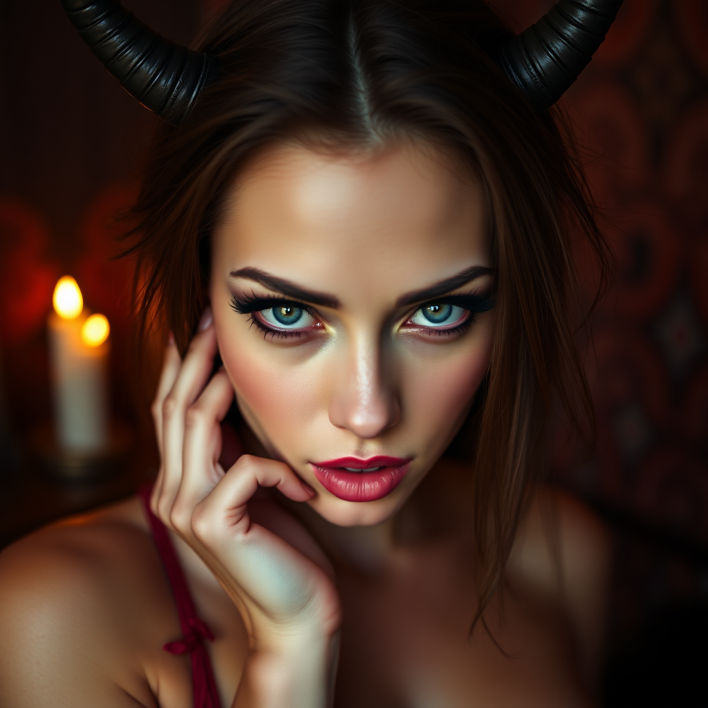 Terrifying succubus looking sexy and irresistible. Staring directly into the eyes of the viewer.