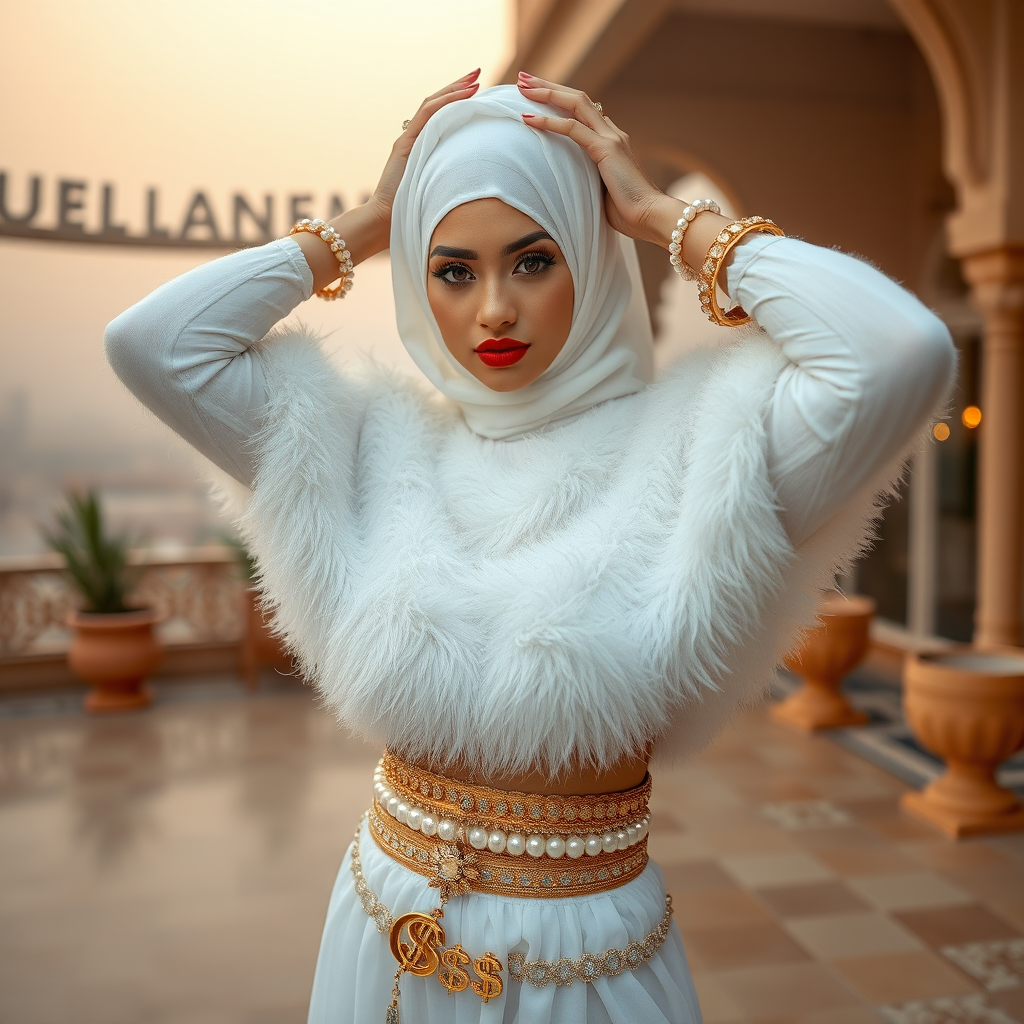 Kuwait desert palace harem patio misty dawn: Melissa, European 17 years old very convincing femboy “trophy-bimbo,” tamed servile docile, very beautiful feminine flawless face, rather short, by hormones very curvaceous womanly figured, platinum blond short tight curls, bold red lips, heavily made-up face, wearing Supertanya-style fluffy very fuzzy bright white angora turtleneck-poncho cropped ending under bust decorated with pearls and gemstones, striking oriental wide gold bridal protection belt, white fully transparent harem pants, full Oriental bridal jewelry, face covered by white sheer full Burka, coin anklets, striking diamond “$$$” letter brooch on left chest, pout frustrated, seductively dancing hands over her head, looking at camera. Focus on face and turtleneck-poncho.