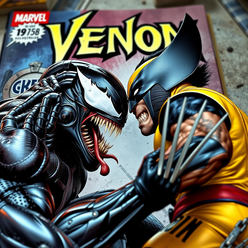 On a comic book cover is Venom Vs Wolverine in Cinematic Real3d photo-realistic quality.