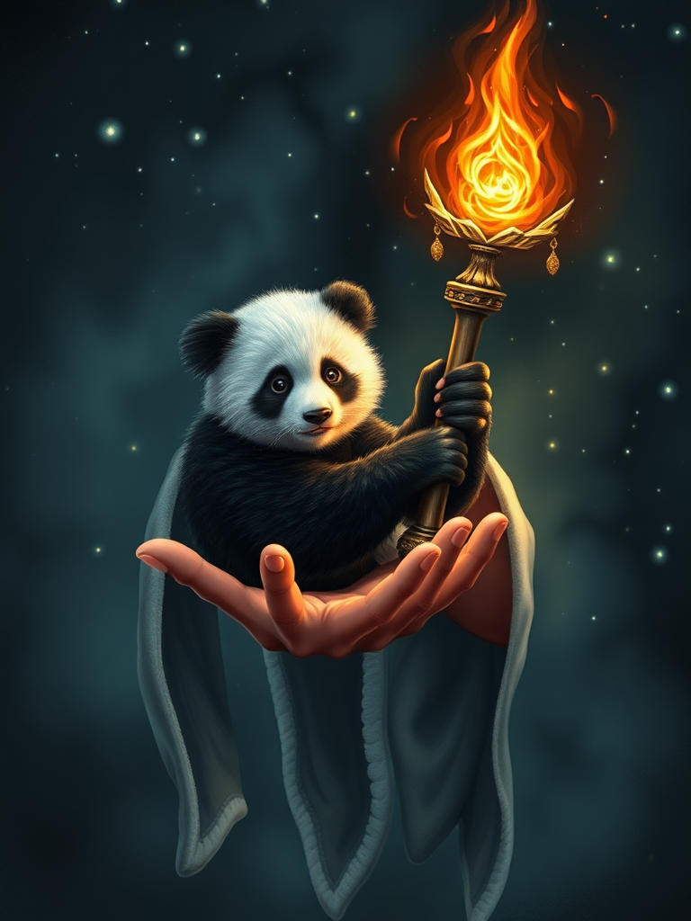 Picture of a panda in the hand of a great wizard