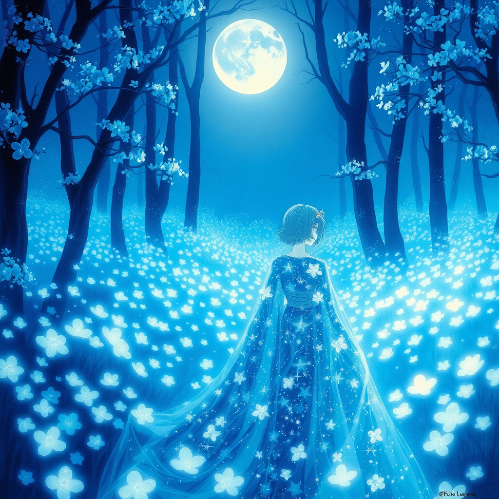 It is a serene and enchanting evening landscape of a magical forest, glowing with soft and spiritual light. A young Japanese woman with delicate blue hair stands elegantly in the foreground, wearing a shimmering gown that sparkles with a dazzling pattern of stars and light. The background is filled with vibrant, glowing flowers in shades of blue and white, creating a delicate carpet of blossoms at her feet. Moonlight filters through the trees, casting gentle shadows and enhancing the dreamy quality of the atmosphere. The overall aesthetic has a magical impressionism, with a palette of deep blues, soft whites, and sparkling highlights that evoke wonder and tranquility.