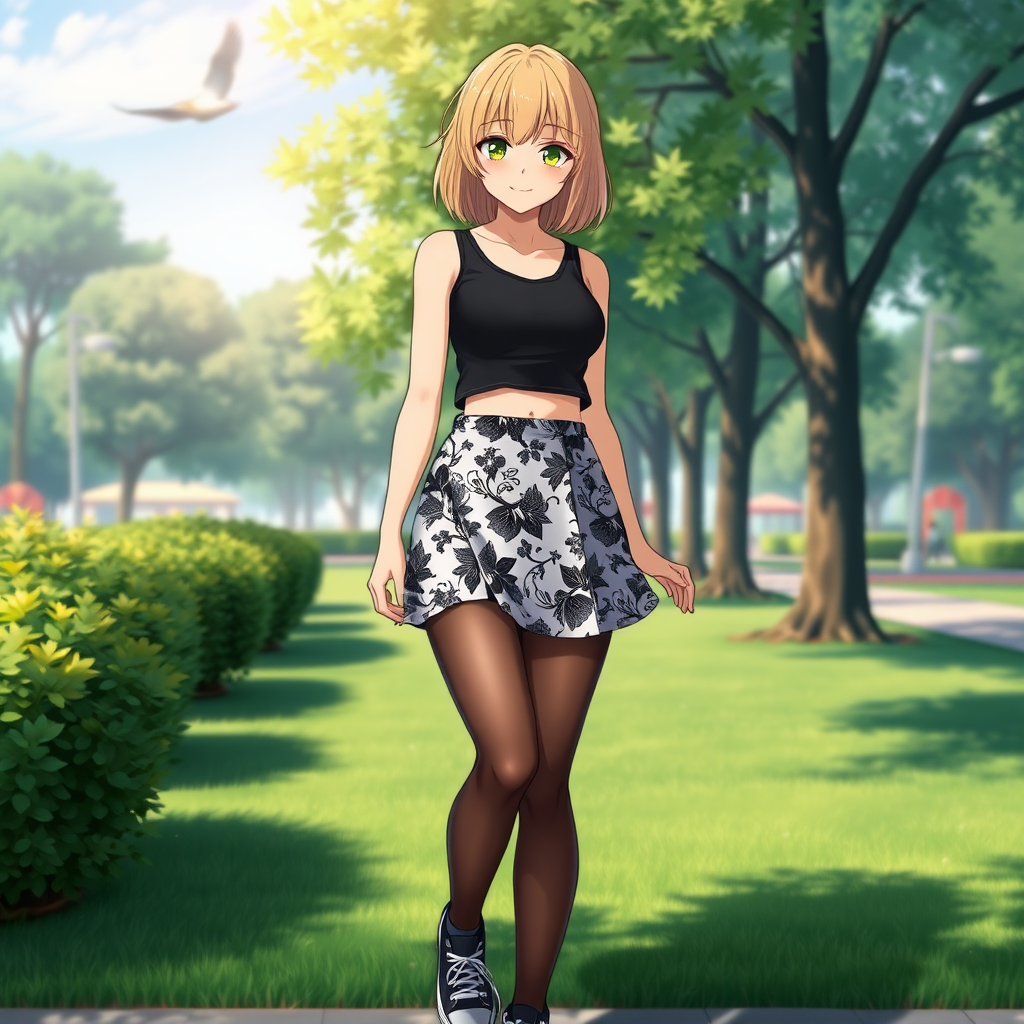 Anime art full body image of a young woman, medium blonde hair, a black, sleeveless crop top that reveals the woman's midriff and a high-waisted, patterned mini skirt that showcases a mix of black and white colors. She is also wearing black sheer tights and black sneakers with white laces. Park background