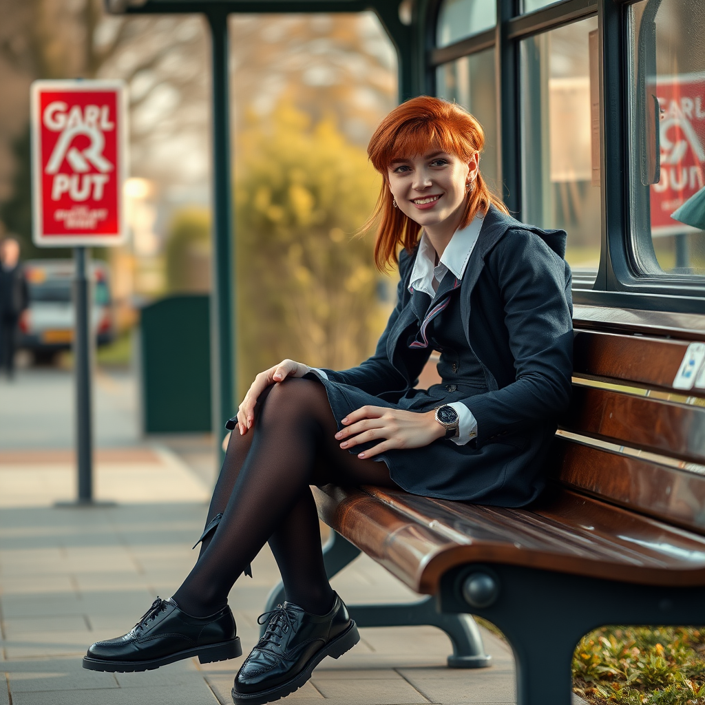 photorealistic, ultra high resolution, 16K, surreal fantasy, soft studio lighting, a pretty 18 year old goth male, slim male physique, auburn hair, goth makeup, earrings, shiny black pantyhose, UK girls-school uniform, Mary-Jane shoes, sitting on his boyfriend's lap on a bench waiting for the school bus, in daylight, excited smile, facing the camera.