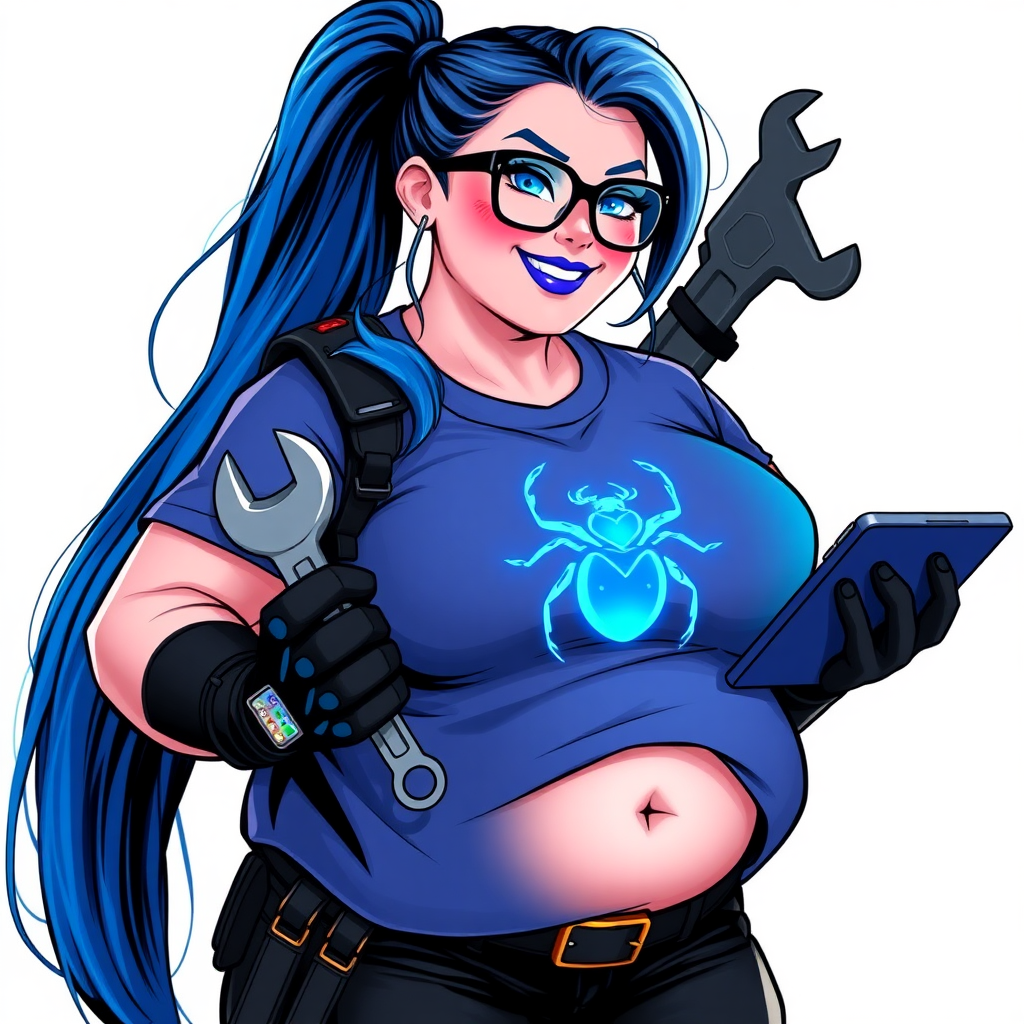 A 28-year-old, full-figured tech genius, she is the devoted girlfriend and sidekick of a cyberpunk vigilante. Her long, maximum blue ponytail and glowing sapphire eyes are striking features. Her prominent, round midsection, gigantic limbs, and broad shoulders define her full figure. As the loyal and supportive sidekick, she plays a crucial role in their missions, using her digital and technological prowess to assist and protect.

She wears an oversized maximum blue t-shirt with a glowing neon blue beetle chest icon, maximum blue lipstick, and black high-tech gloves. Her neon red blush and lovestruck smile are ever-present as she holds a futuristic wrench and a digital holographic tablet. Her full figure (especially her round midsection) shows how pampered she is by her doting boyfriend. Her nerdiness is unmistakable, accentuated by her black oversized eyeglasses. She is on a solid white background. She serves as her boyfriend’s indispensable tech expert. She is drawn as if she was in a retro 2D cyberpunk fighting game.