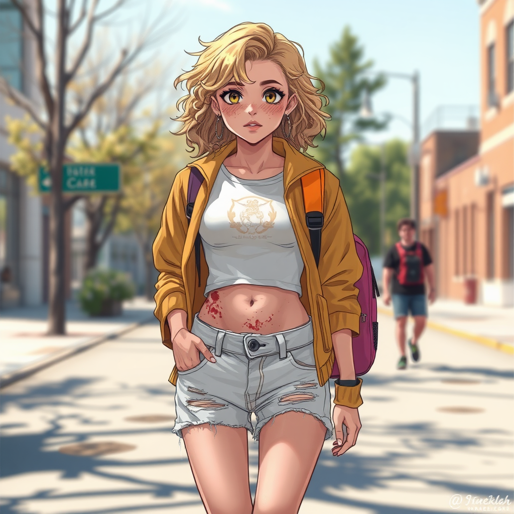 Realistic drawing style image, Extremely good quality 8k resolution drawn manga image of a 15 year old petite and short tomboy girl with golden blonde curly hair with mixed and different colored eyes for each eye and moles on her entire body and is a white American girl, Has on a Gold Jacket over a white extremely short crop top only covering her breasts and nothing more with a design on it, and has on ripped shorts and cool looking sneakers and a deep and big knife cut wound on her stomach from a huge injury she had, with a bright color backpack, ear piercings on, walking on the street to school in the morning with the beautiful sunlight lighting up her body beautifully with no tattoos.