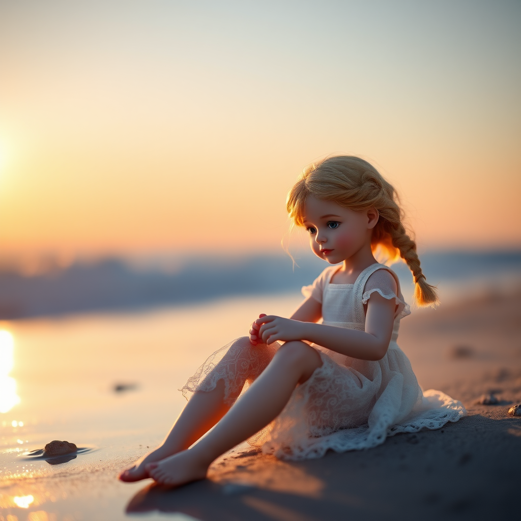 ooak art doll playing on the beach in the evening, blue hour, artist doll, realistic doll, life-like porcelain doll, young preteen girl, unique personality, bisque doll, aesthetic, artistic photography, sunshine, natural, translucent, bokeh