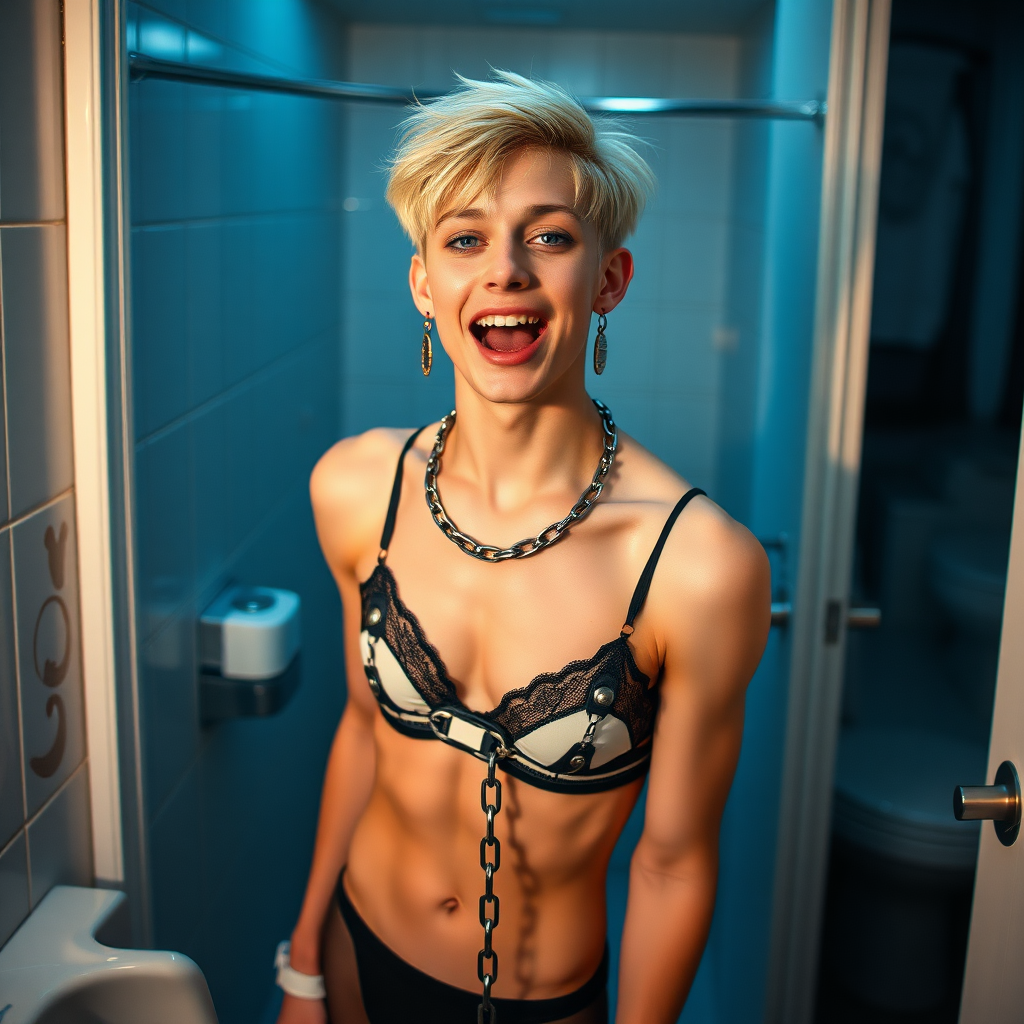 photorealistic, ultra high resolution, 16K, surreal fantasy, studio lighting, a pretty 16 year old goth boy, slim male physique, short blonde hair, goth makeup, earrings, spiky chain and leash, handcuffs, trainer-bra, pantyhose, white ballet shoes, in the bathroom, excited open mouth smile, facing the camera, 