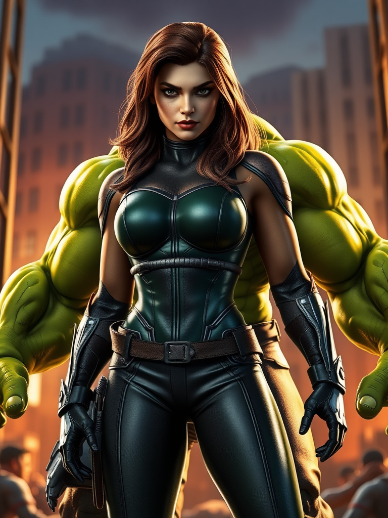 Create a hyper-realistic full-length render featuring Marvel Comics character Rogue with the body shape of The Hulk, while keeping her head intact. Modify her body traits to reflect Hulk's muscular build, including increased size and definition. Set the scene in an appropriate background that complements both characters, such as a vibrant comic book cityscape or an iconic battleground. Ensure the lighting captures the dramatic essence of the characters, highlighting their unique features and the intensity of the scene. The final render should evoke a sense of power and action, consistent with the superhero genre.