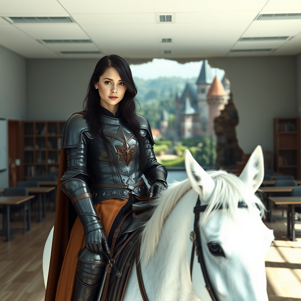 beautiful young woman, dark hair past her shoulders, blue eyes, small, slim figure, wearing full leather armor suit, long cloak, on a white horse in a large modern classroom with the wall missing, looking outside to a fantasy, medieval village.