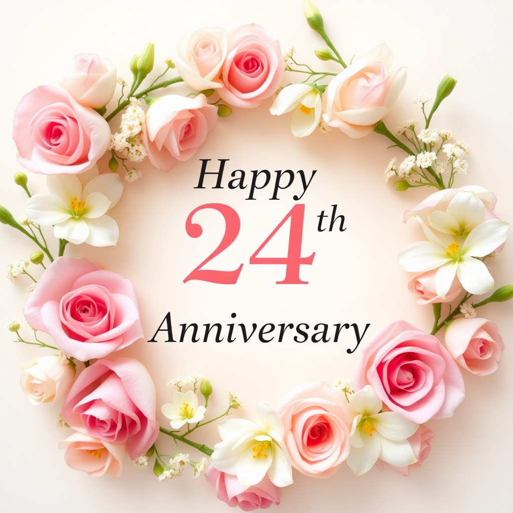 Create a soft, elegant image for a 24th wedding anniversary, blending celebration and love. Include delicate flowers, such as roses or lilies, arranged around a message that reads: "Happy 24th Wedding Anniversary". Incorporate soft pastel colors like pinks, creams, and whites. The overall vibe should be warm, romantic, and joyous, capturing the essence of love and commitment over the years.